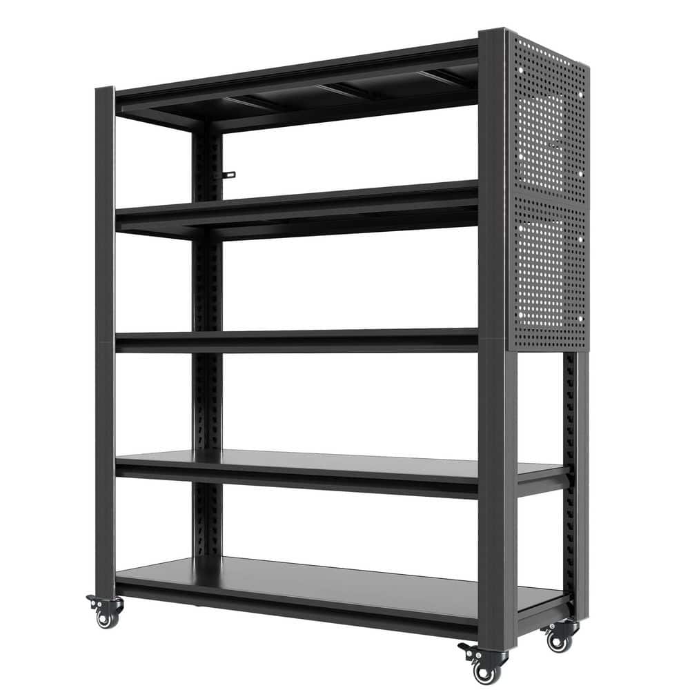 5-Tier Heavy Duty Steel Adjustable Storage Rack in Black with Wheels and Pegboard (47.2 in. W x 78 in. H x 18 in. D) - Hercitys