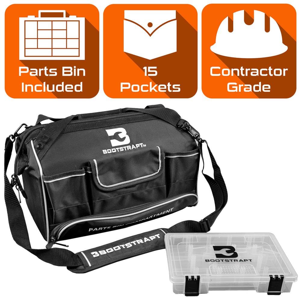 16 in. Large Mouth Tool Bag with Integrated Parts Bin Compartment - Hercitys