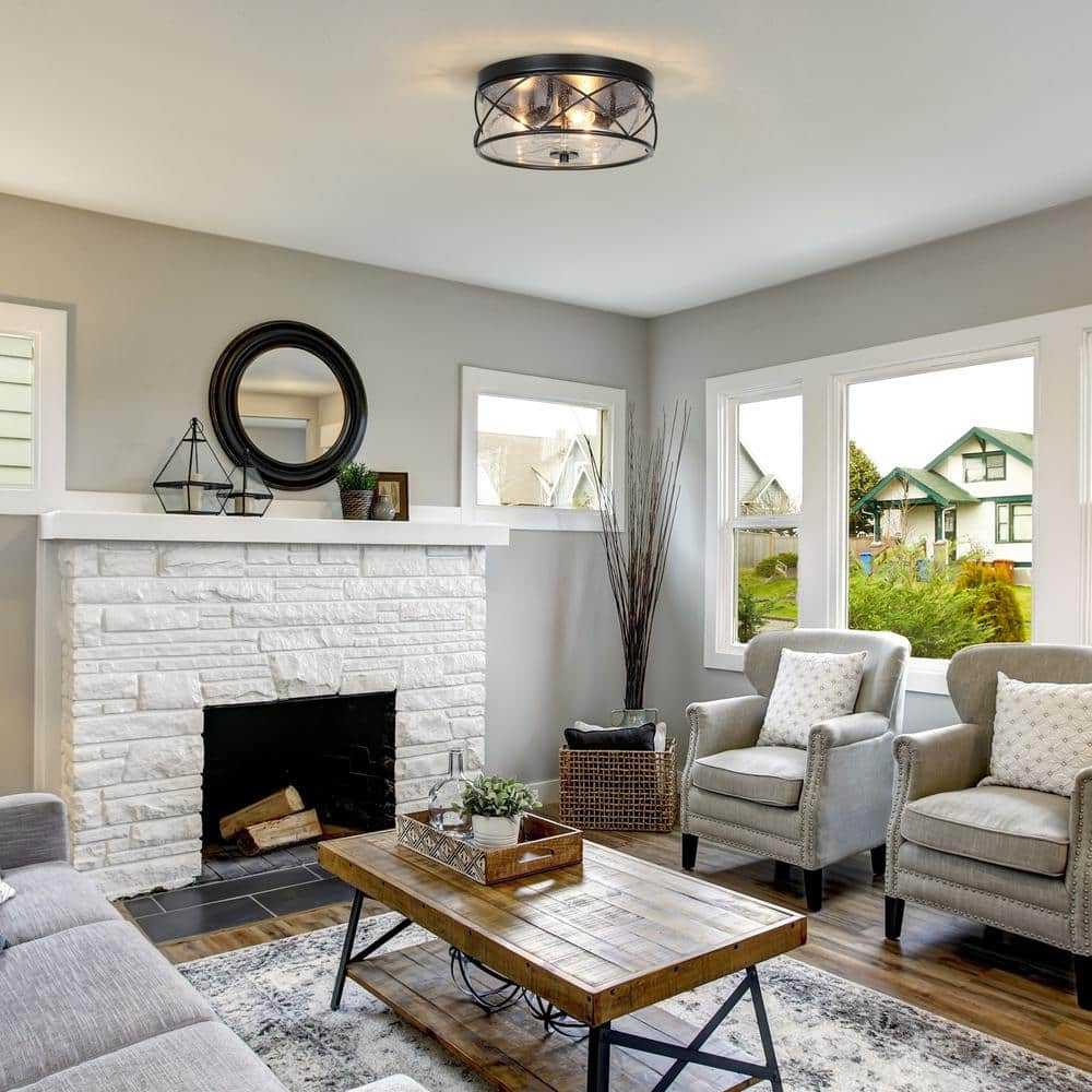 13 in. 3-Light Black Modern Farmhouse Foyer Flush Mount with Clear Seeded Glass Shade Classic Circle Ceiling Light - Hercitys