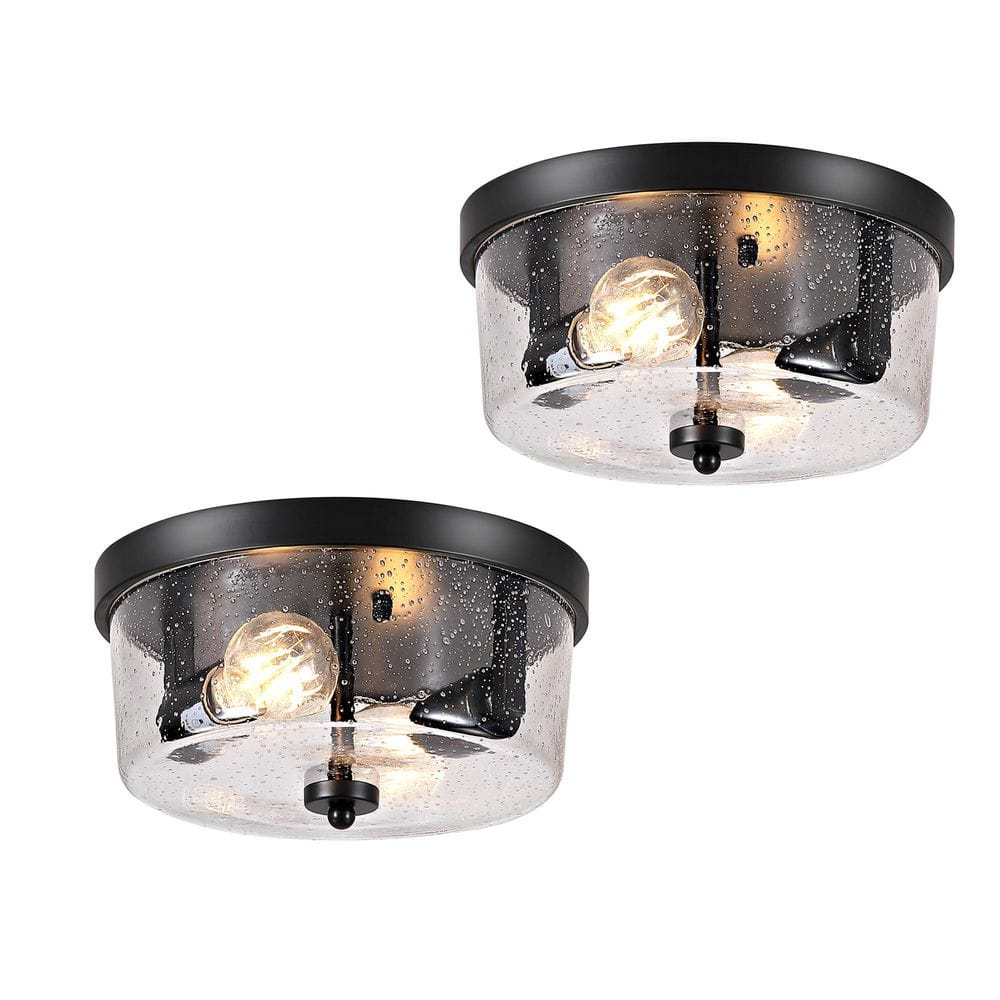 10.63 in. 2-Light Matte Black Flush Mount with Seeded Glass Drum Shade(2-Pack) - Hercitys