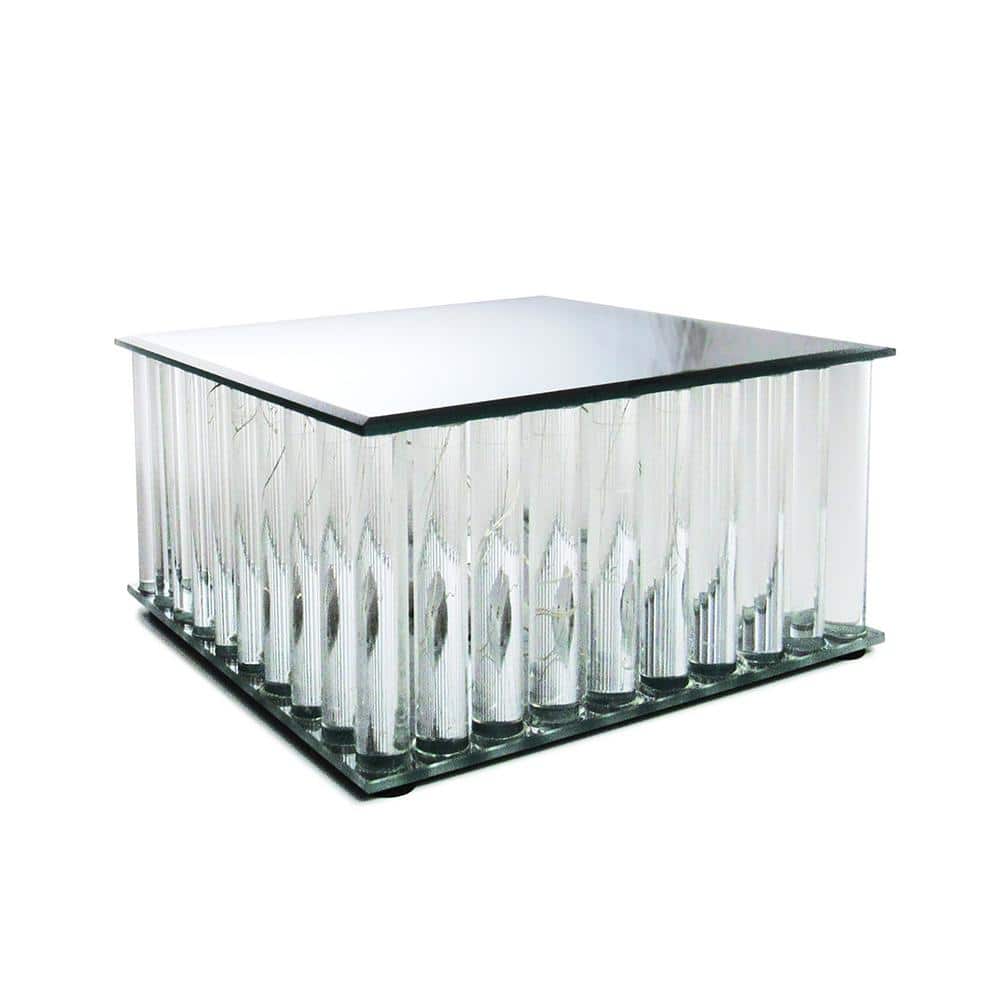 1-Tier Clear Square Mirror LED Fairy Light Up Glass Columns Cake Stand Dessert Display Tray 8 in. - Hercitys
