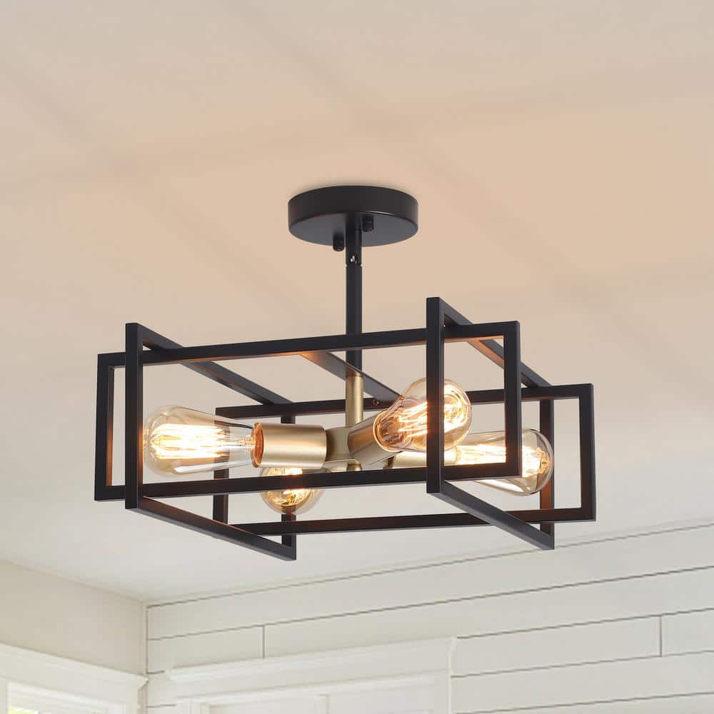 15 in. 4-Light Black/Gold Semi-Flush Mount Light with Rustic Accent Square Cage for Dining Room, No Bulb Included - Hercitys