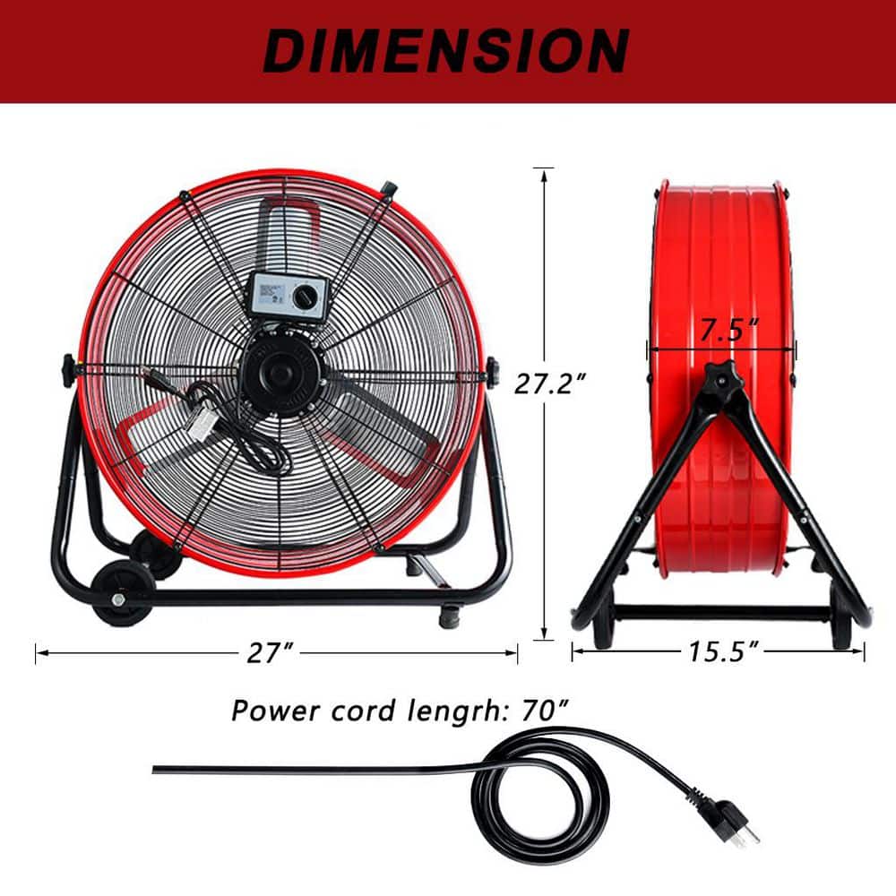 24 in. Industrial Drum Fan, 3-Speed ​​8100 CFM High Velocity Air Mover for Warehouse, Workshop, Factory – Red - Hercitys