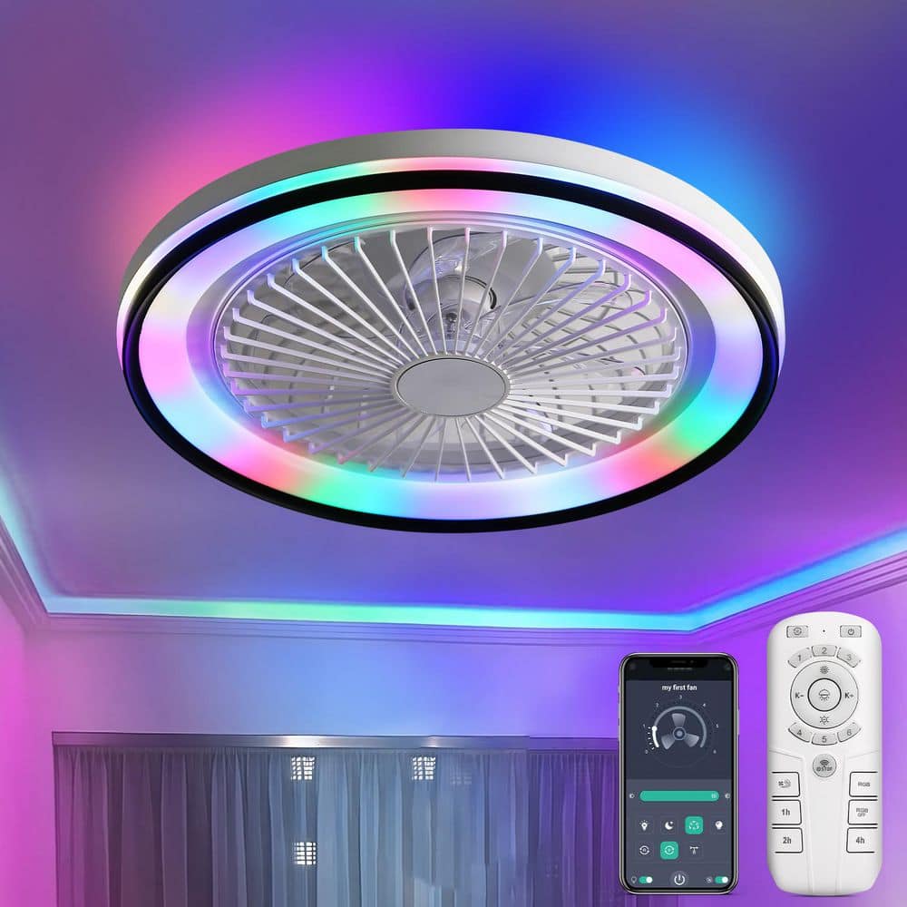 19 in. Indoor White Ceiling Fan with 6-Speed Remote Control and APP and RGB48 Colorful LED Lights - Hercitys