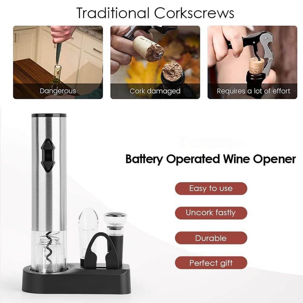 5-in-1 Silver Electric Wine Opener Gift Set with Corkscrew, Foil Cutter, Wine Pour, Wine Stopper and Storage Base - Hercitys