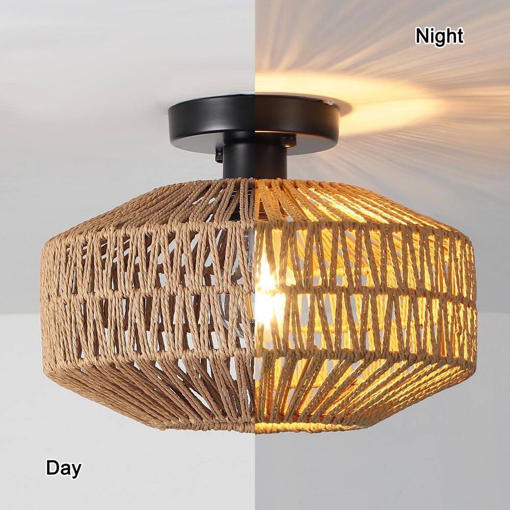 11.81 in. 3-Light Black Brown Farmhouse Semi-Flush Mount Light with Hemp Ropes Shade and No Bulbs Included - Hercitys