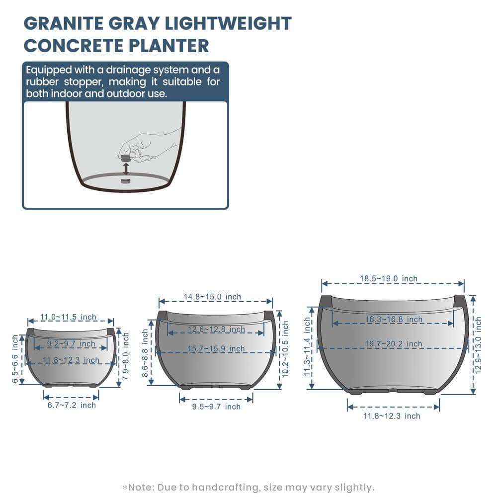11.5 in.,15 in.,19 in. Large Granite Gray Concrete Round planter / Pot with drainage holes (Set of 3) - Hercitys