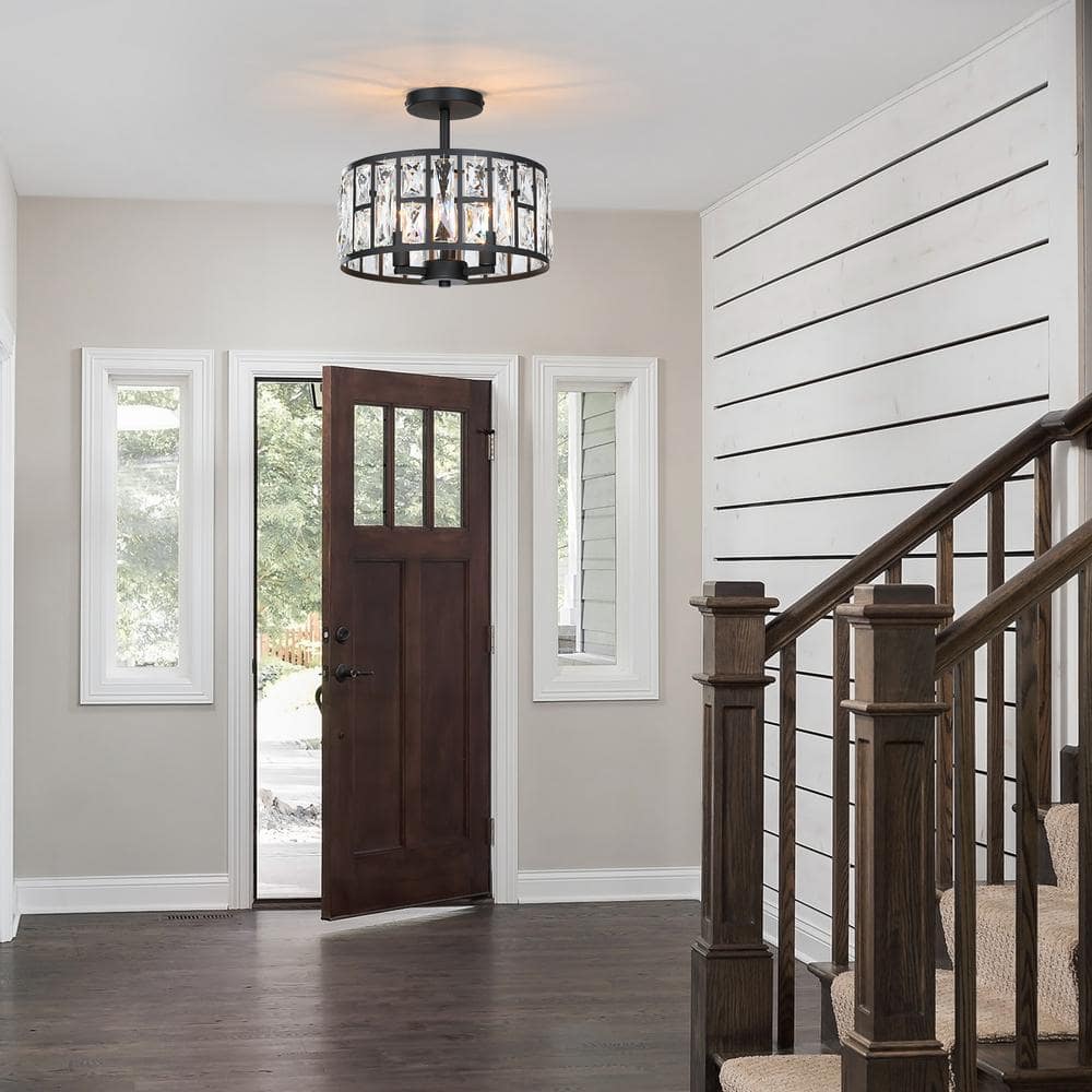 12 in. 3-Light Round Modern Black Drum Semi Flush Mount Ceiling Light with Clear Crystal Glass - Hercitys