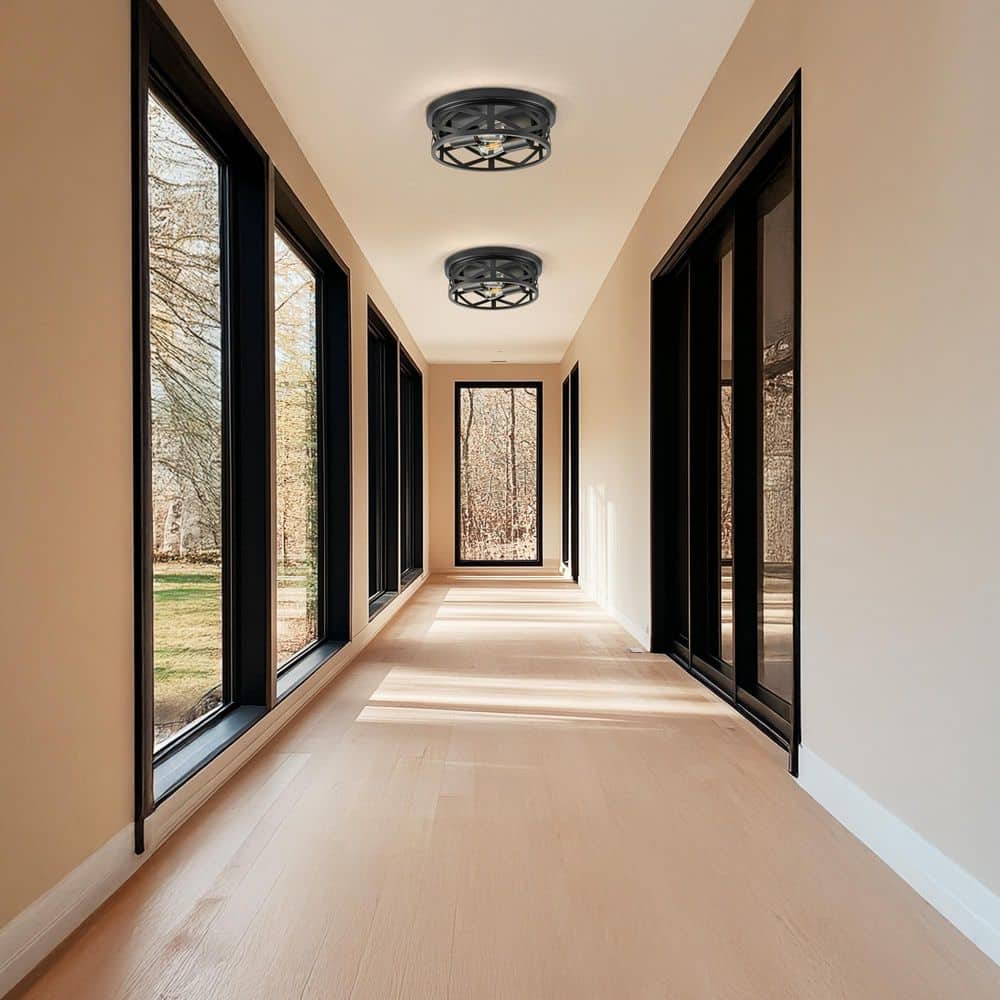 11 in. 2-Light Matte Black Flush Mount Farmhouse Metal Cage Ceiling Lights w/ Adjustable Lamp Holders E26 Bases, 2-Packs - Hercitys