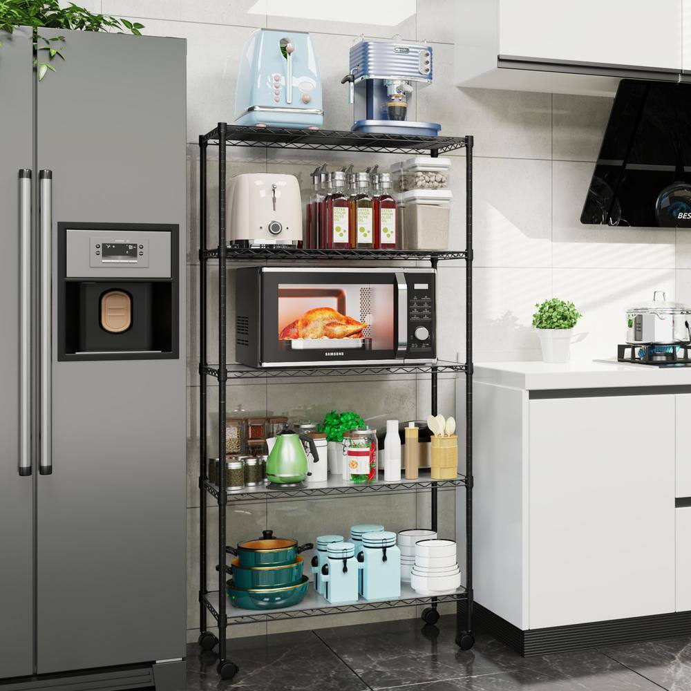 5-Tier Heavy Duty Garage Storage Racks in Black with Wheels, Metal Shelving, Height Adjustable, 750 lbs. – 30 x 14 x 60 - Hercitys