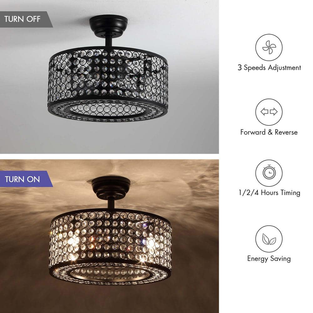17 in. Indoor Crystal Caged Ceiling Fan with Lights and Remote Enclosed Ceiling Fan Small Black Fandelier - Hercitys