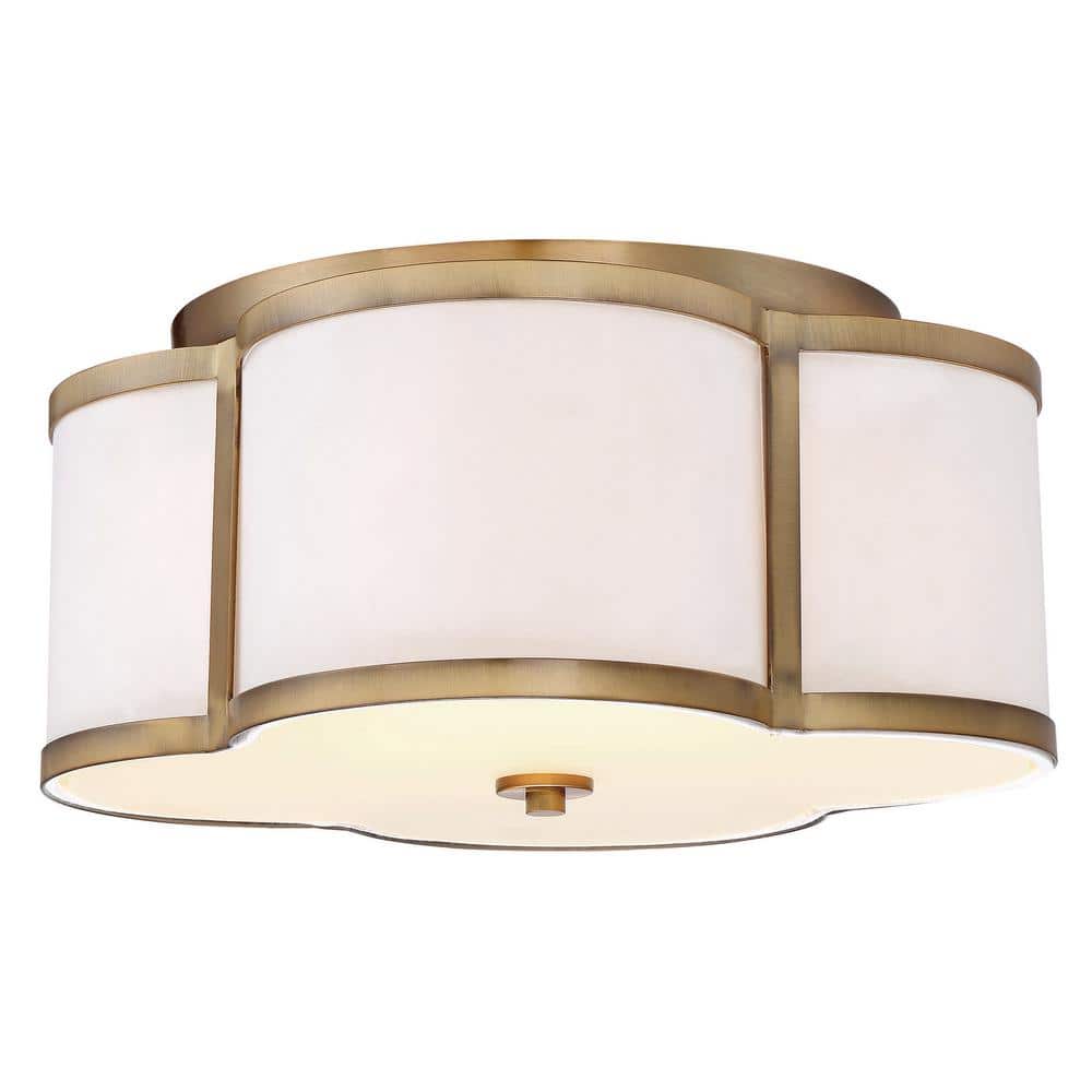 16 in. W x 8 in. H 3-Light Natural Brass Semi-Flush Mount Ceiling Light with White Fabric Shade - Hercitys