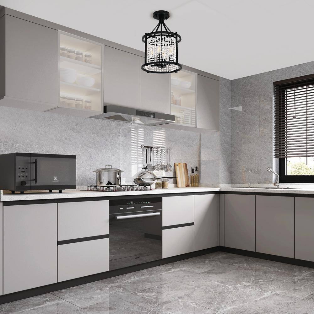 11.8 in. 4-Light Modern Black Lantern Semi-Flush Mount with Crystal Teardrop Pendant Shade - Hercitys