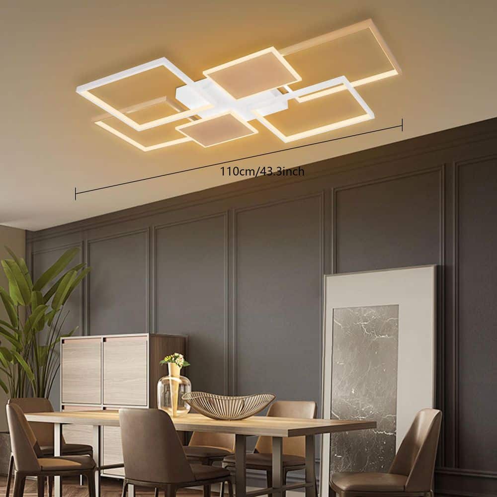 43.3 in. 6-Light Gold and White Modern Rectangular Selectable LED Semi-Flush Mount Ceiling Light with Remote - Hercitys