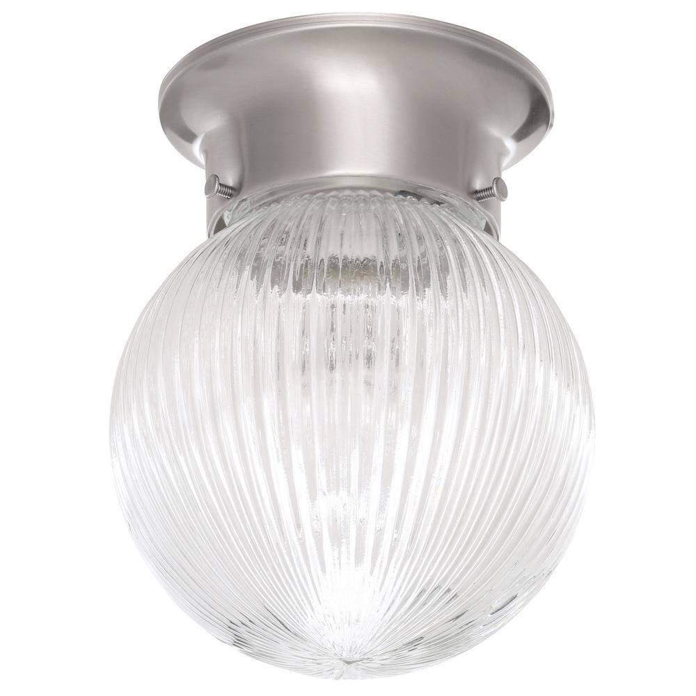 1-Light Brushed Nickel Flushmount with Clear Ribbed Glass Globe - Hercitys