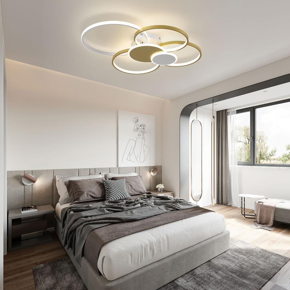 31.5 in. Gold Modern 6-Ring Flush Mount Dimmable LED Ceiling Light with Remote and Integrated LED Light Source Included - Hercitys