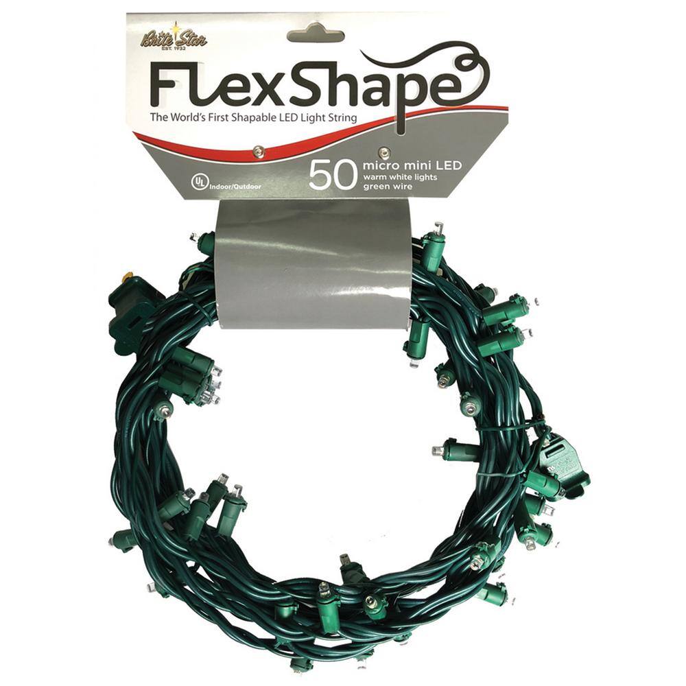 50-Light Micro Mini Flex-Shape LED Light String, Warm White, Green Wire, Christmas - Hercitys