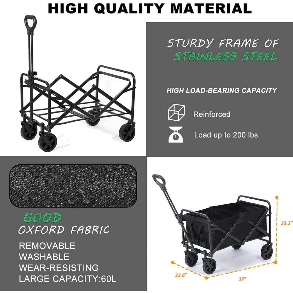 5 cu. ft. Black Fabric Folding Collapsible All Terrain Outdoor Portable Utility Wagon Garden Cart, 200 lbs. Capacity - Hercitys