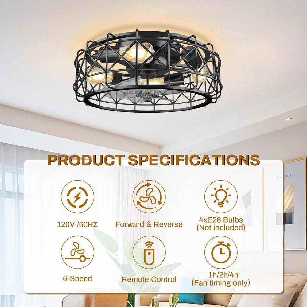 20 in. Indoor Black Caged Ceiling Fan Light with Remote Control - Hercitys