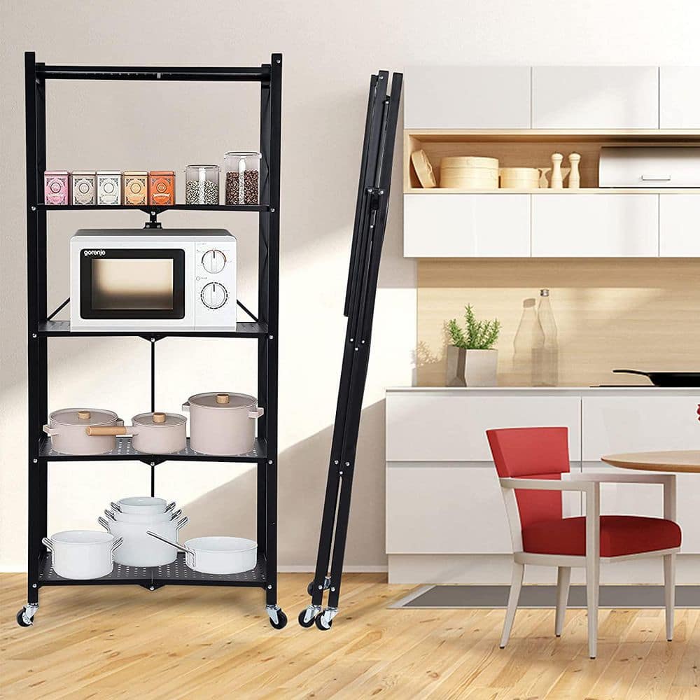 5-Shelf Heavy Duty Foldable Metal Rack Storage Shelving Unit with Wheels Moving Pantry Organizer Shelves Great, Black - Hercitys