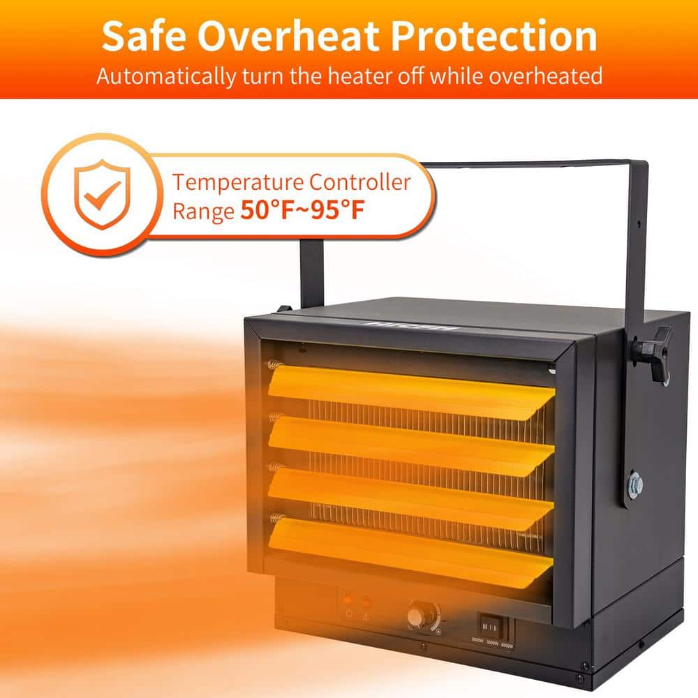 5000-Watt Black Electric Garage Heater Micathermic Space Heater, 3 Heat Setting Control, Ideal for Garage, Workshop - Hercitys