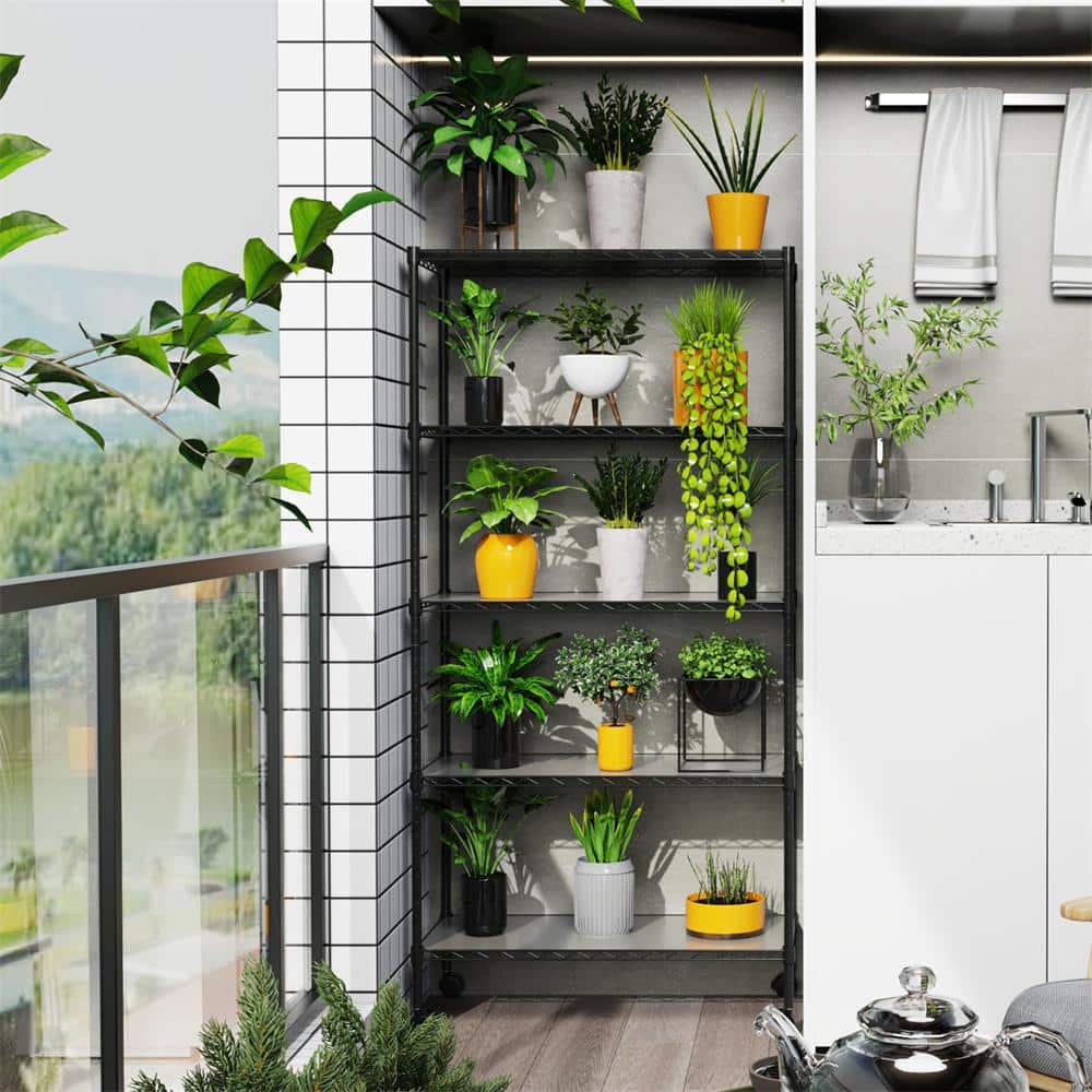 5-Tier Heavy Duty Garage Storage Racks in Black with Wheels, Metal Shelving, Height Adjustable, 750 lbs. – 30 x 14 x 60 - Hercitys