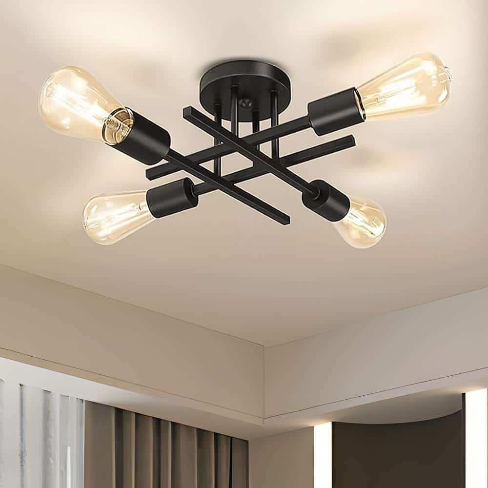 16 In. Black Farmhouse Semi-Flush Mount Ceiling Light Fixtures Modern Sputnik Chandelier for Kitchen Bedroom Dining Room - Hercitys