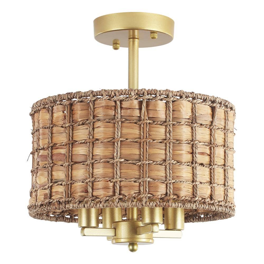 11.81 in. 4-Light Gold Drum Natural Rattan Seagrass Semi Flush Mount Ceiling Light Fixtures with No Bulbs Included - Hercitys