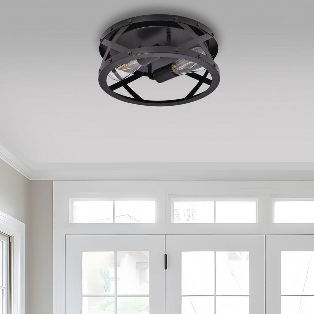 11.8 in. 2-Light Matte Black Flush Mount with Drum Shape - Hercitys