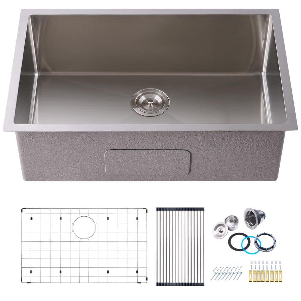 30 in. Drop-In/Undermount Single Bowl 16-Gauge Brushed 304-Stainless Steel Kitchen Sink with Accessories - Hercitys
