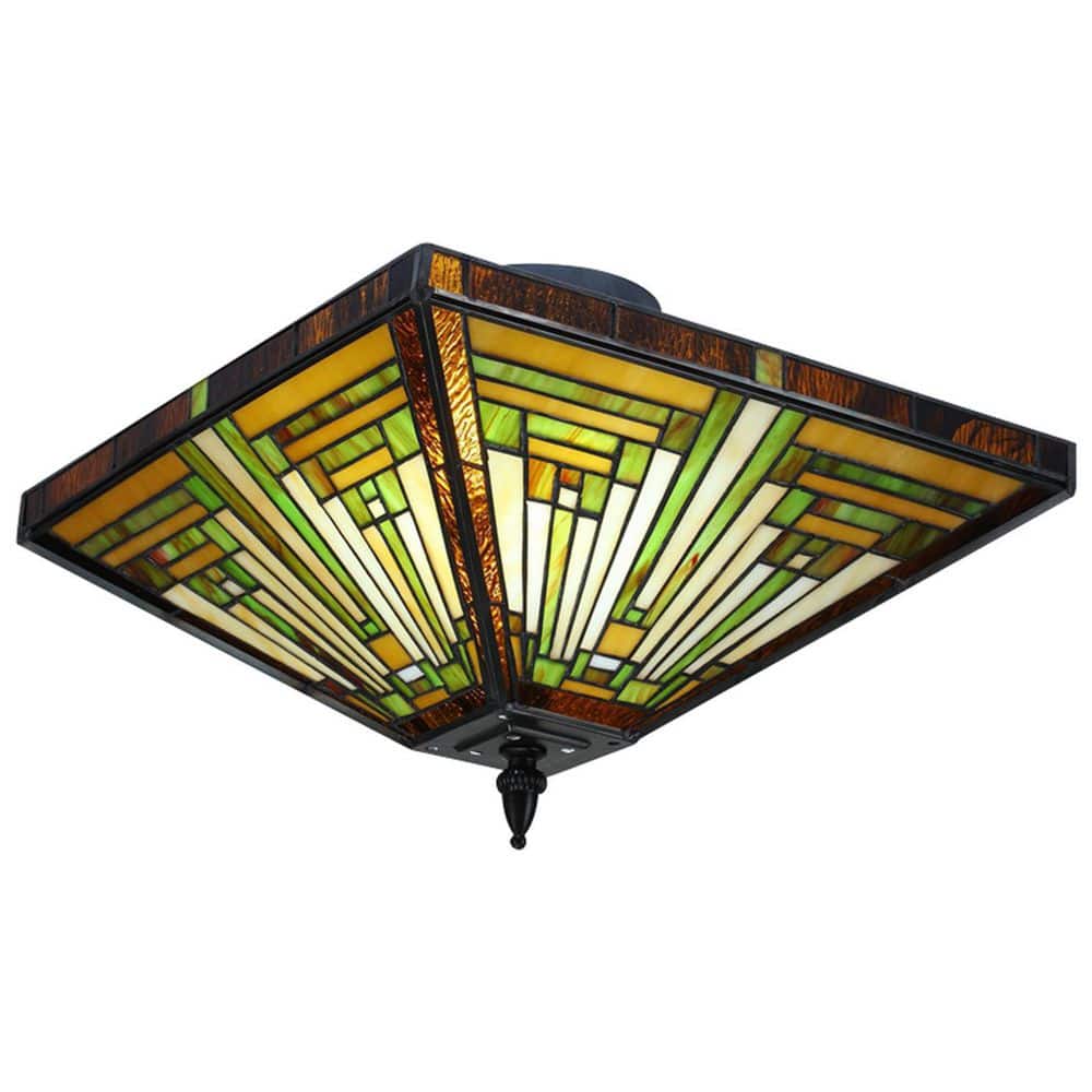 13.78 in. 2-Light Vintage Elegant Multi-Colored Stained Glass Semi-Flush Mount Ceiling Light - Hercitys