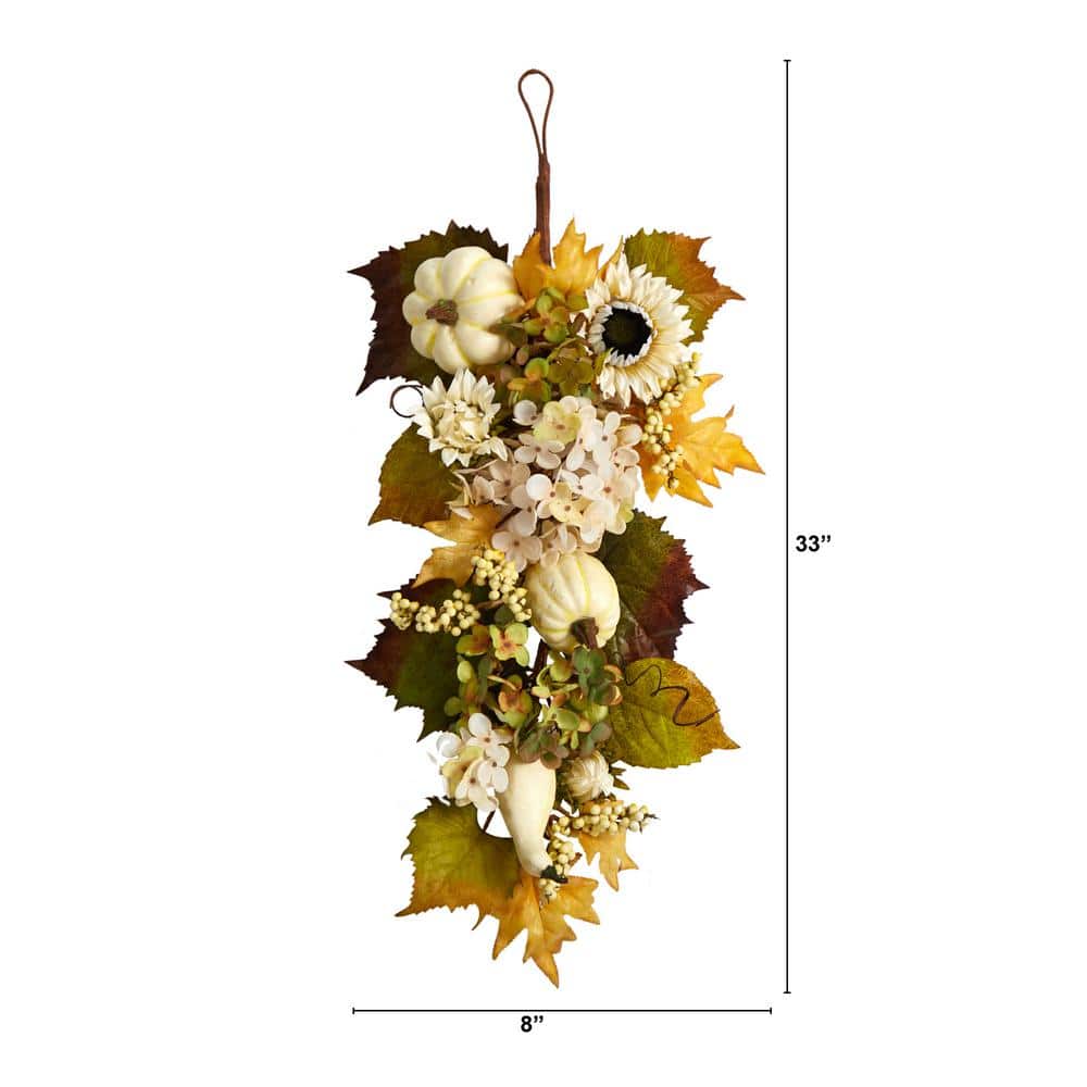 33 in. Green Fall Sunflower, Hydrangea and White Pumpkin Artificial Autumn Teardrop - Hercitys