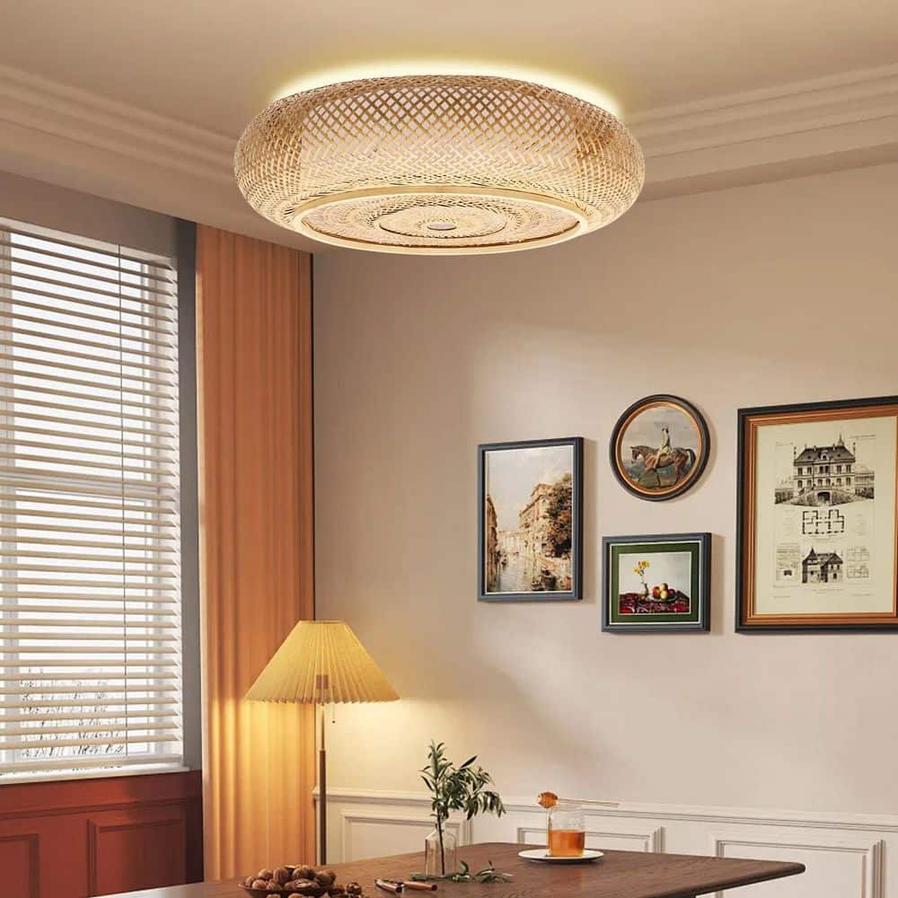 23.6 in. 3-Light Yellow Rural Round Semi-Flush Mount Ceiling Light with Rattan Shade and No Bulbs Included - Hercitys