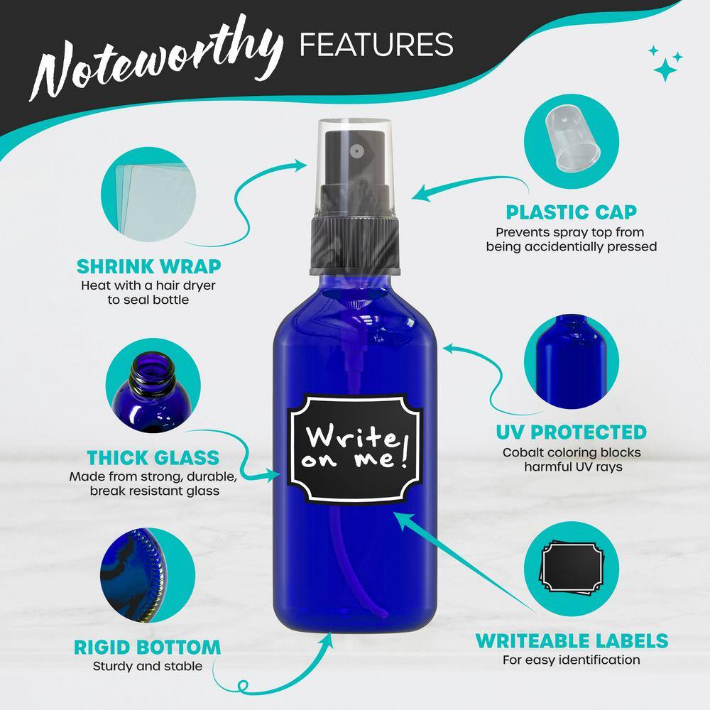 2 oz. Glass Spray Bottles with Funnel, Brush, Marker and Labels-Blue (Pack of 48) - Hercitys
