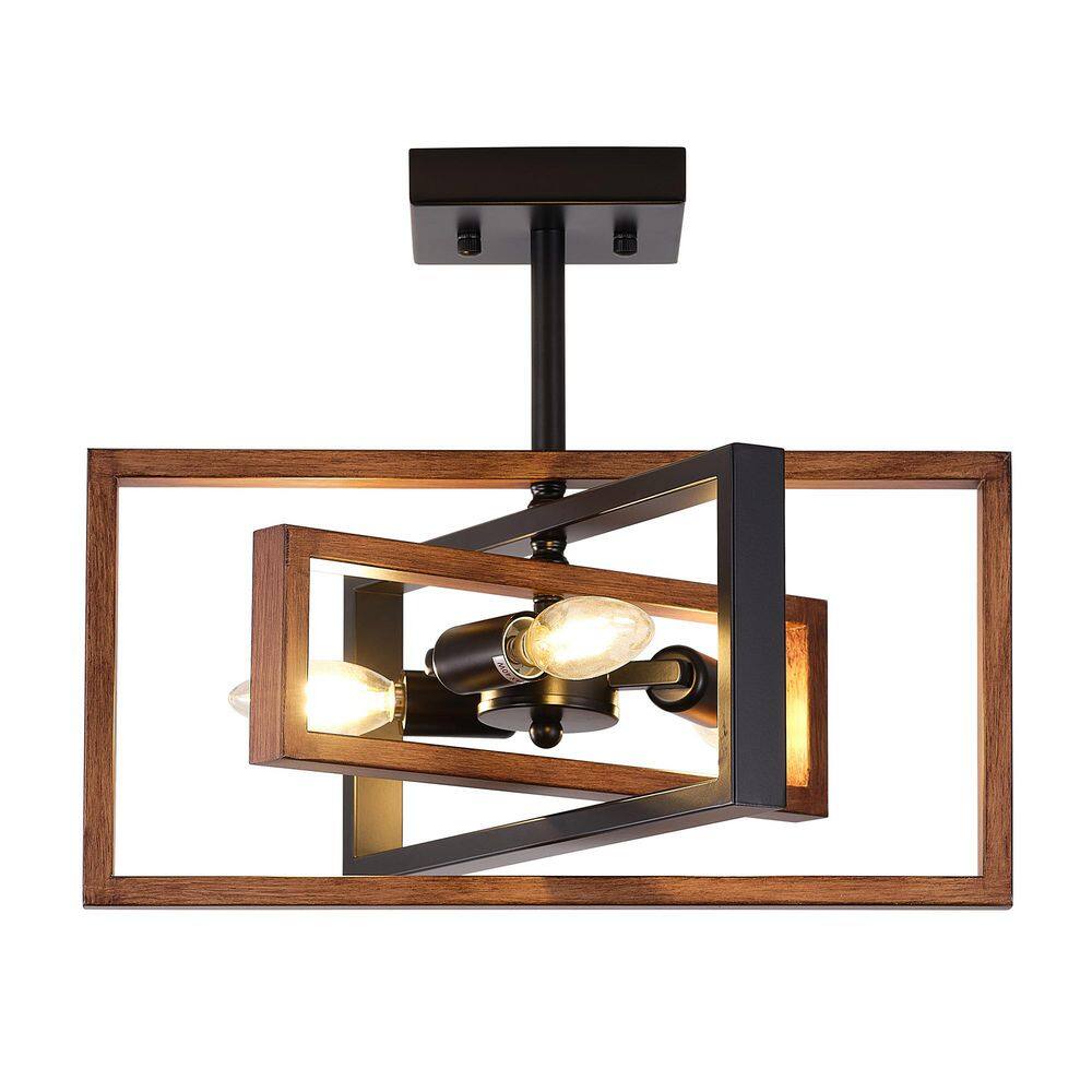 15.8 in.  3-Light Black and Imitation Wood Grain Farmhouse Rectangle Semi Flush Mount Ceiling Light Bulb Not Included - Hercitys