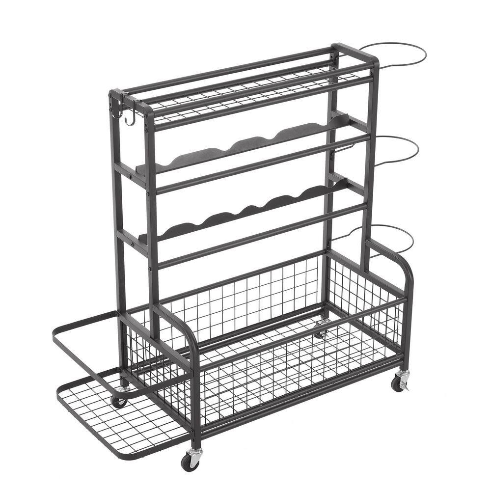 4-Tier Rolling Metal Storage Organizer with Baskets and Hooks, for Sports Gear Indoor/Outdoor in Black - Hercitys