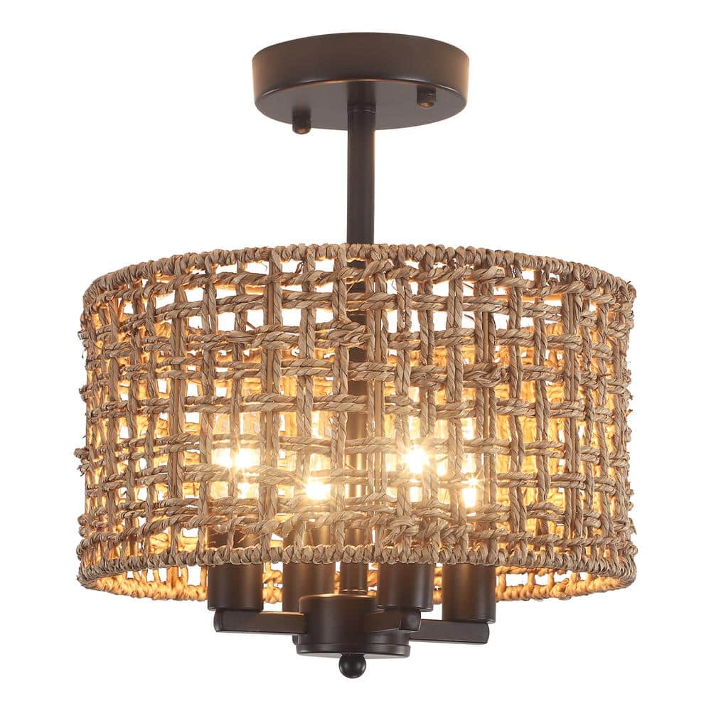 11.8 in. 4-Light Black Farmhouse Drum Semi-Flush Mount Ceiling Light Fixture with Hand Woven Shade - Hercitys