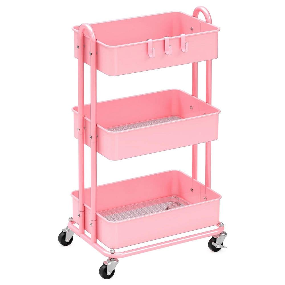 3-Tier Metal -Wheeled Utility Cart in Pink - Hercitys