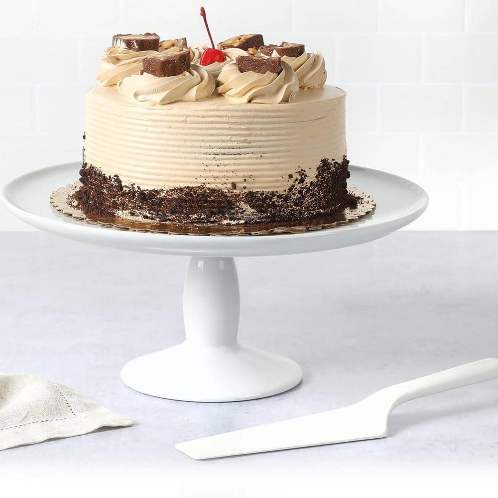 12 in. Single Tier White Ceramic Round Cake Stand with Server - Hercitys