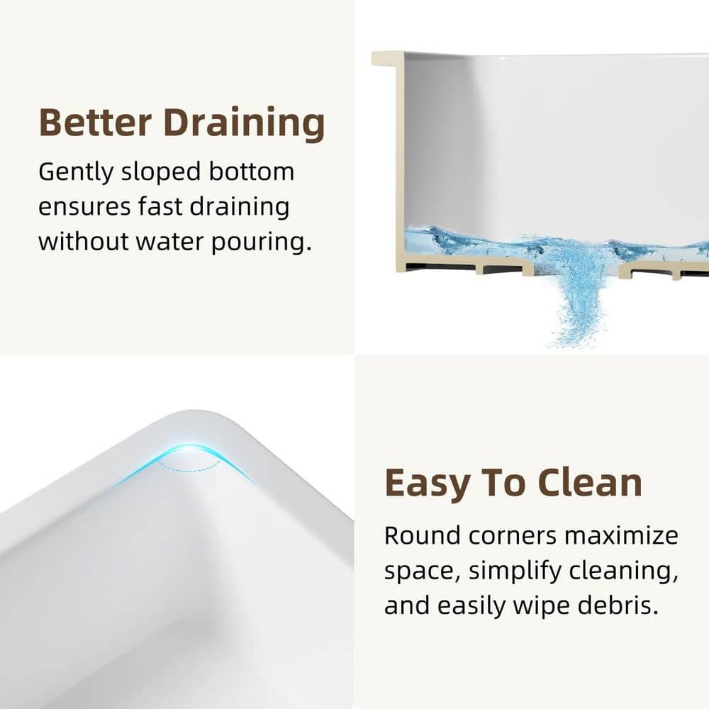 18 in. White Undermount Kitchen Sink, Dual Mount Square Fireclay Sink, Deep Single Bowl with Grid and Drain Strainer - Hercitys