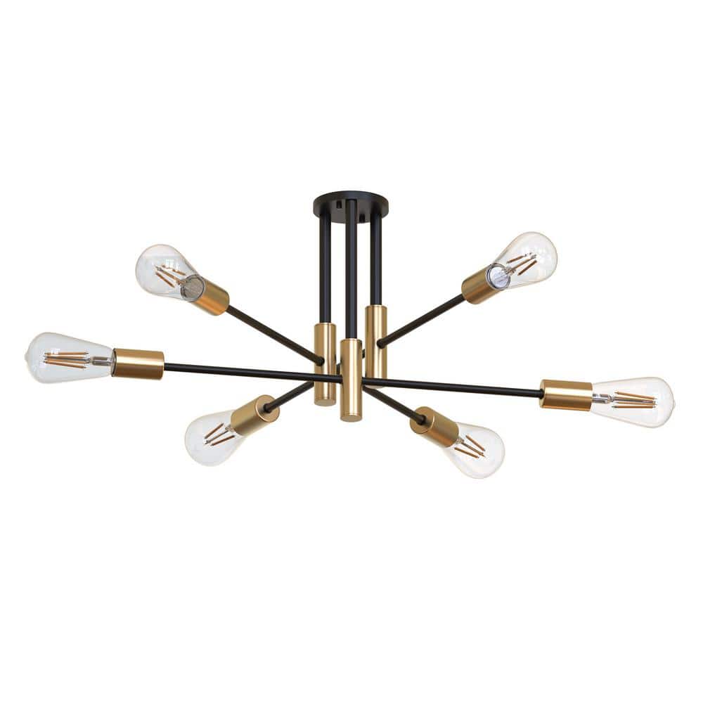 32.7 in. 6-Light Black Semi- Flush Mount with Aged Brass Socket Cups and No Bulb Included (1-Pack) - Hercitys