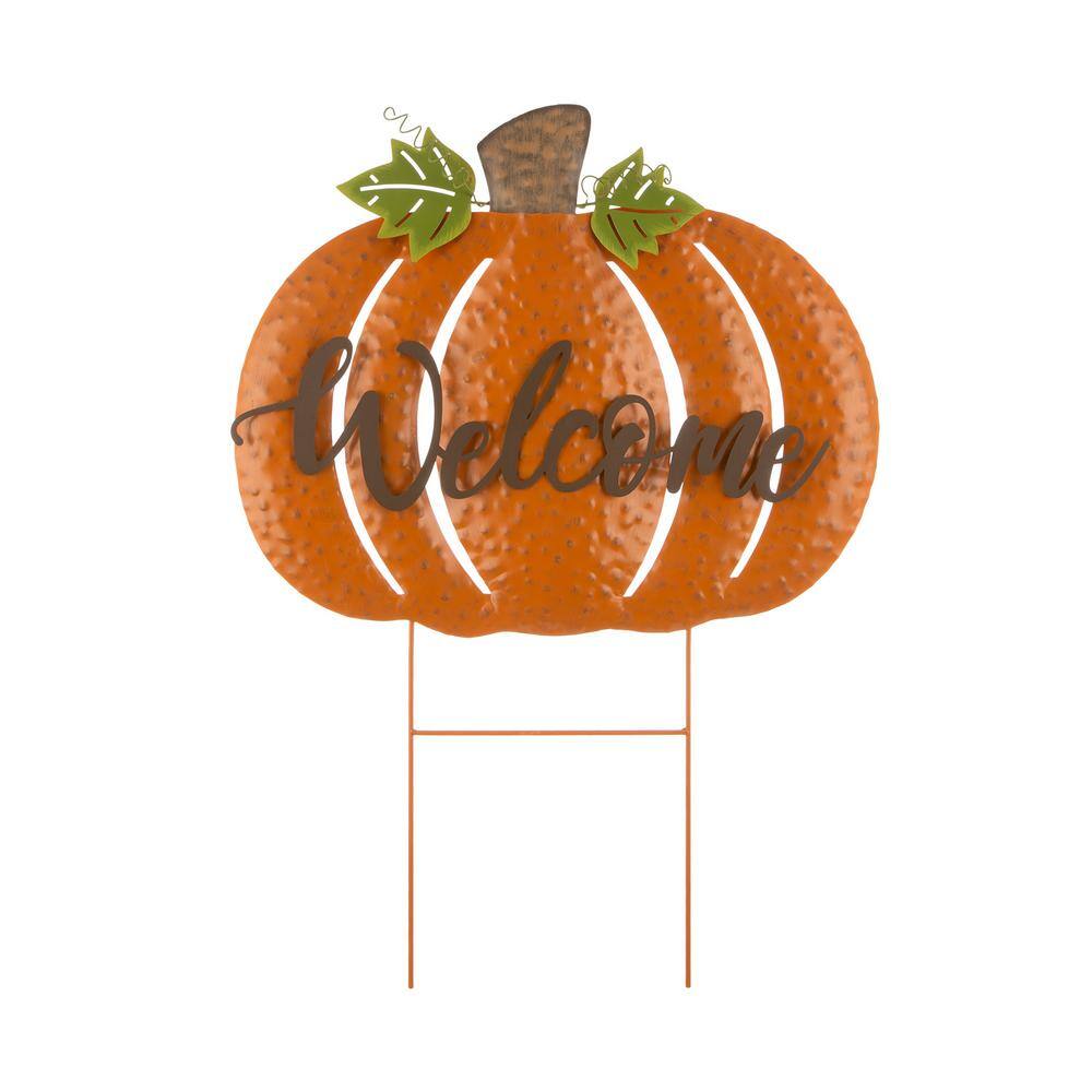 29.72 in. H Fall Metal Pumpkin Yard Stake/Standing/Hanging Sign (KD, 3-Function) - Hercitys