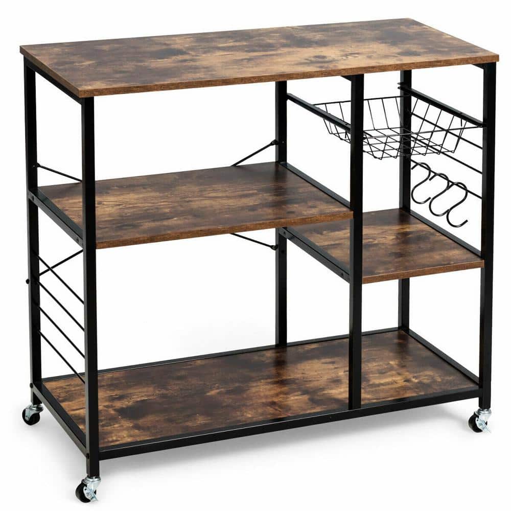 35 1/2 in. W Metal Frame Brown Engineered Wood Shelf Small Rolling Kitchen Cart Trolley on the Wheels - Hercitys