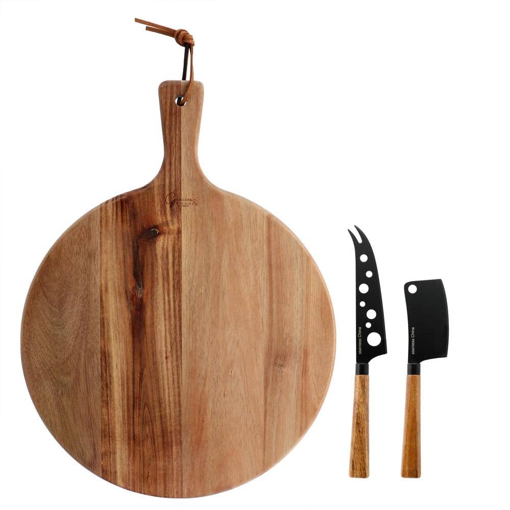 3-Piece Acacia Wood Charcuterie Serving Board and Cheese Knife Set in Brown - Hercitys