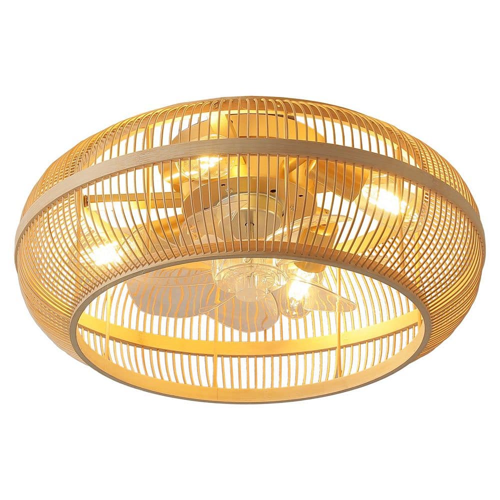 19.69 in. 4-Lights Indoor Brown Rattan Caged Ceiling Fan with Remote Included No Bulbs - Hercitys