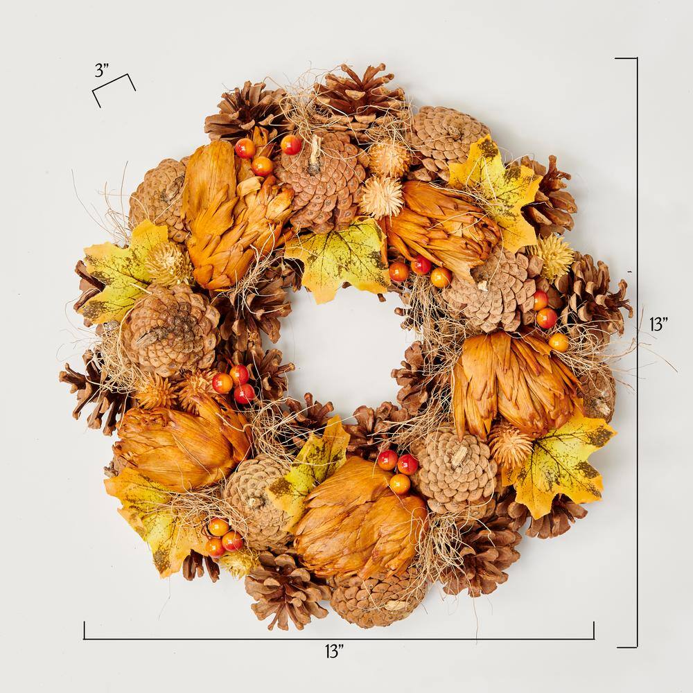 13 in. Fall Leaves Artichokes Pine Cones and Berries Wreath - Hercitys