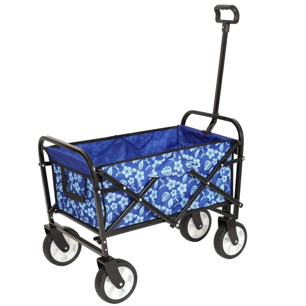 2 cu. ft. Steel Frame Outdoor Garden Cart Waterproof Fabric Folding Wagon with fixed belt, Blue Flower Texture - Hercitys
