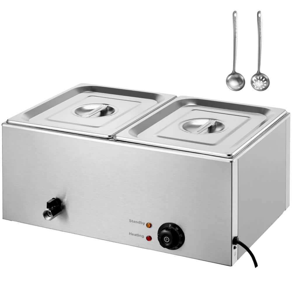 2-Pan Commercial Food Warmer, 18 qt. Electric Steam Table, 1200-Watt Bain Marie with Temperature Control Stainless Steel - Hercitys