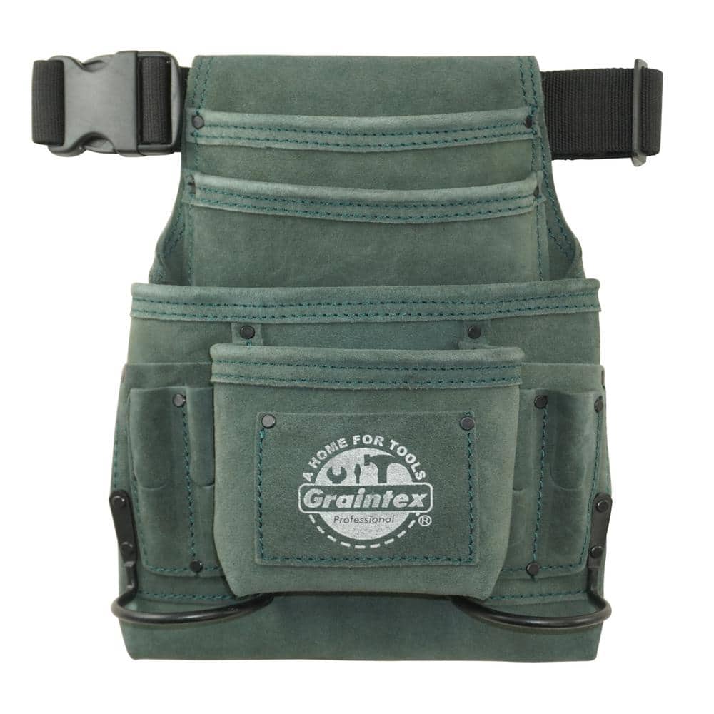 10-Pocket Nail and Tool Pouch with Belt Hunter Green Suede Leather w/2 Hammer Holders - Hercitys