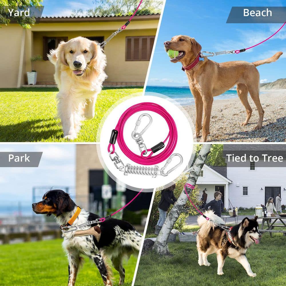 15 ft. Dog Leash Runner Cable with Swivel Hook and Shock Spring for Yard and Camping, Pink - Hercitys